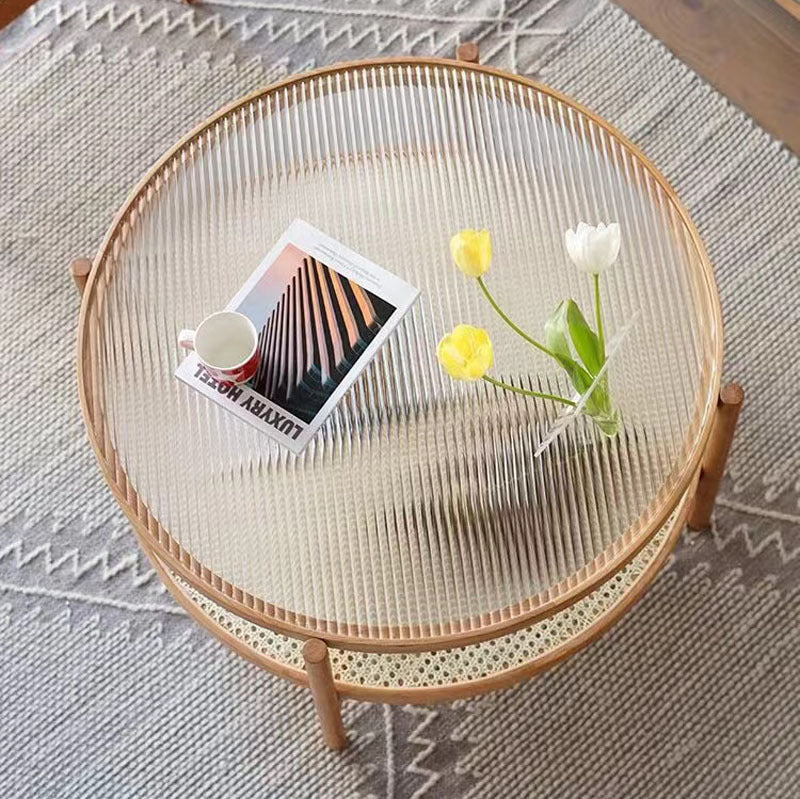 Round Glass Top Rattan Coffee Table – Modern Two-Tier Wooden Living Room Center Table with Cane Shelf