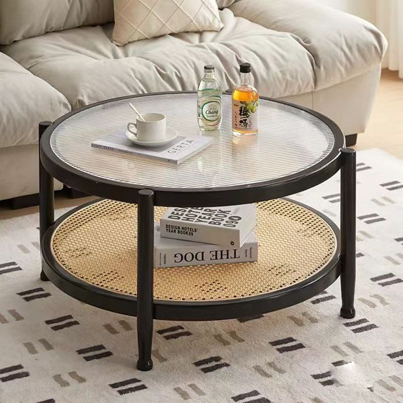 Round Glass Top Rattan Coffee Table – Modern Two-Tier Wooden Living Room Center Table with Cane Shelf